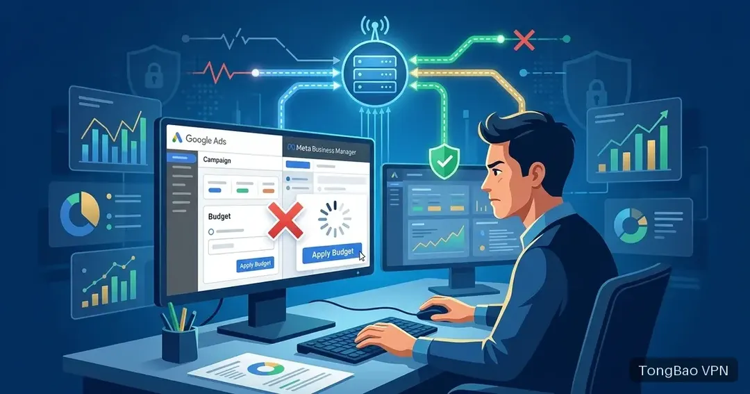 Google Ads 后台改价卡住、Meta 商务管理平台一直转圈？跨境投放团队的稳定接入方案